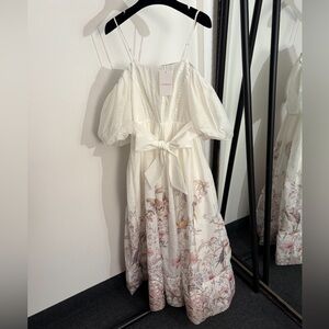 Zimmermann White Floral Bird Print Cold-Shoulder Midi Dress with Tie Waist